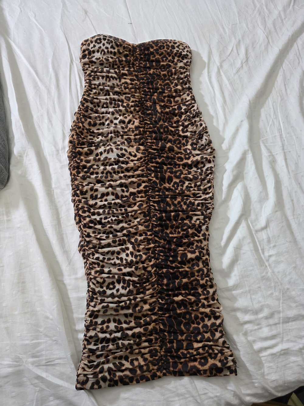 Fashion Nova Strapless Ruched Leopard Print Midi Dress - Brown/Tan/Black